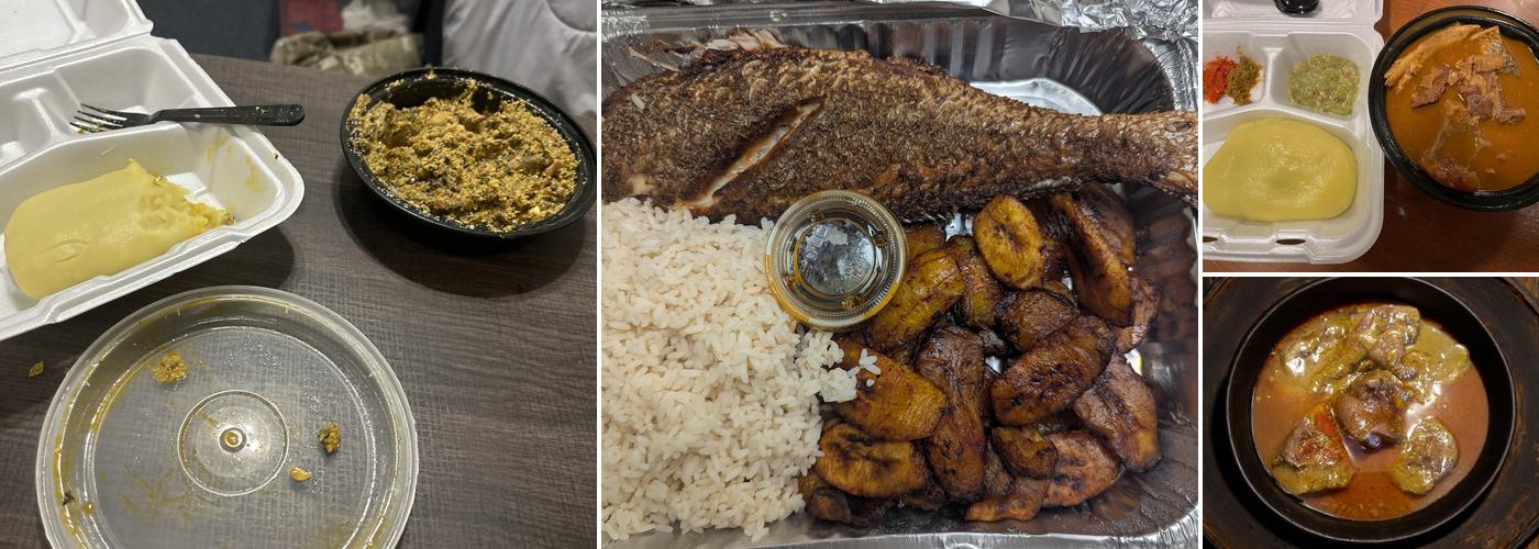 A plate of fried fish with rice and golden plantains from the restaurant's online photo listing